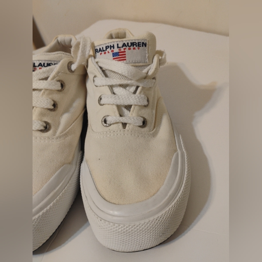 Polo Sport Ralph Lauren Canvas Shoes Size 7 1/2 Cream Spellout Deck Shoes - Picture 3 of 16